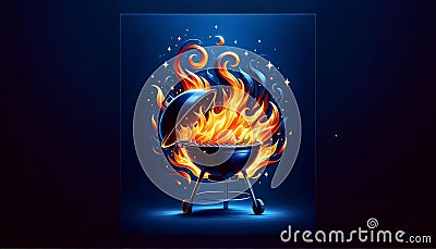 Fiery Barbecue Grill Illustration, Summer Cookout Concept Cartoon Illustration