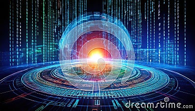 vibrant digital landscape featuring a glowing core surrounded by binary data, symbolizing technology and the future Stock Photo