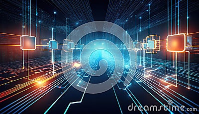 vibrant digital landscape showcasing illuminated circuits and data flow, representing secure financial transactions and encrypted Stock Photo