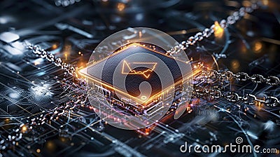 Digital ledger icon enveloped by chains futuristic tech environment high-resolution visual cybernetic viewpoint Cartoon Illustration