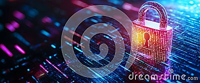 vibrant digital lock symbolizes cybersecurity surrounded by glowing binary code and data streams This captures essence of data Stock Photo