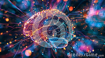 A vibrant digital representation of the brain where every pixel represents a synaptic connection between neurons. Stock Photo