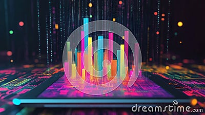 A vibrant digital visualization of data metrics on a tablet, showcasing colorful bars and dynamic graphics Stock Photo