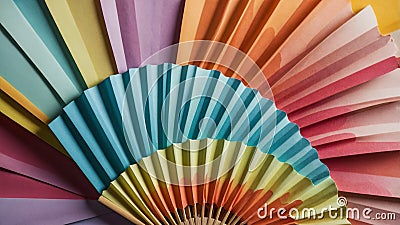 A vibrant display of colorful paper sheets arranged in a fan-like pattern, showcasing a spectrum of hues Stock Photo