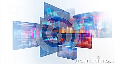 A vibrant display of futuristic digital screens, pulsating with data and analytics in brilliant, colorful waves Cartoon Illustration