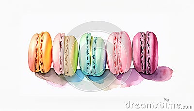 A vibrant display of watercolor macarons in a row, each with a unique color and matching filling, creating an artistic and Stock Photo