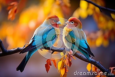 vibrant and diverse birds perched on a branch, creating a lively and harmonious display of nature's palette. Stock Photo