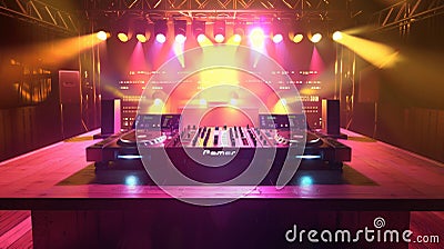 A vibrant DJ set up with colorful lights, ready to electrify the crowd with pulsating beats and music. Generative AI Stock Photo