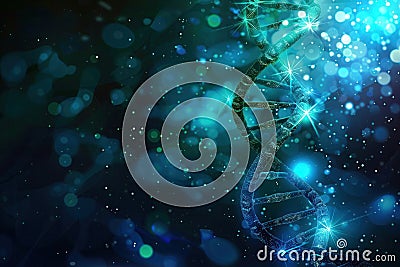 A vibrant double helix structure of DNA intertwines amidst sparkling lights and glowing bokeh effects in a colorful Stock Photo