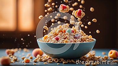 Vibrant and dynamic image that captures the exact moment milk and cereal spill into a bowl full of crunchy cereal and fresh fruits Stock Photo