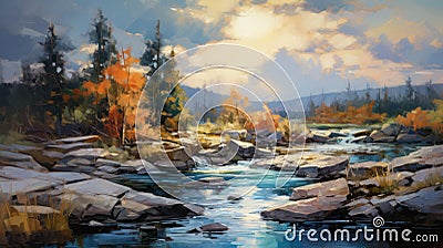 Realistic Oil Painting Of A River With Rocks And Trees Stock Photo