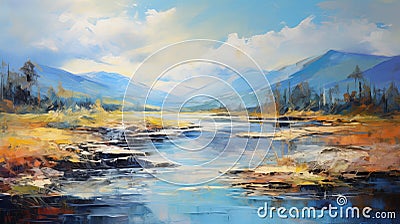 Expressive Landscape: River Over Grass And Mountains Stock Photo