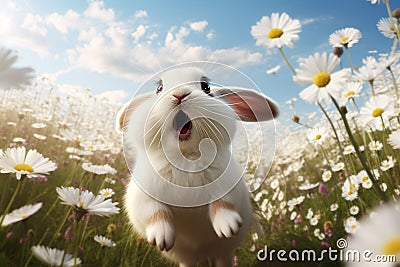 Vibrant and dynamic scene of a rabbit leaping Stock Photo