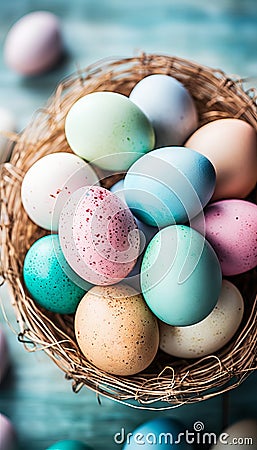 Vibrant easter eggs in basket - colorful and lively spring decor with space for text Stock Photo