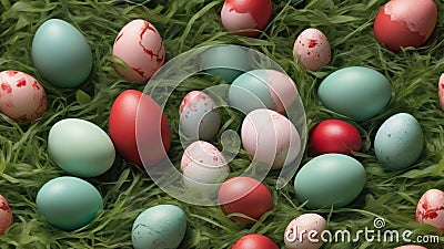 Vibrant Easter eggs are carefully tucked into the rich, emerald blades of grass. Generated with AI Stock Photo