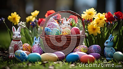 Vibrant Easter Eggs in Playful Bunny Garden Stock Photo