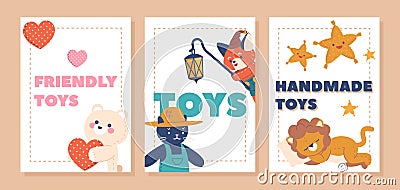 Vibrant And Eye-catching Banners Adorned With Adorable Handmade Plush Toys Teddy Bear, Cat, Lion And Fox Vector Illustration