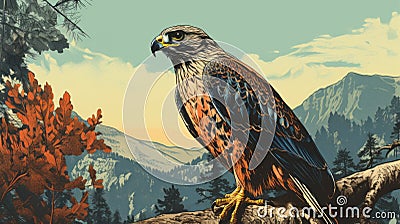 Vibrant Falcon Illustration With Mountains And Trees Cartoon Illustration