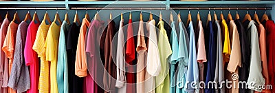 Vibrant and fashionable clothing display on colorful clothing rack in a stylish wardrobe Stock Photo