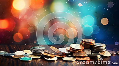 Vibrant finance themed blurred bokeh background with coins, banknotes, and financial symbols Stock Photo