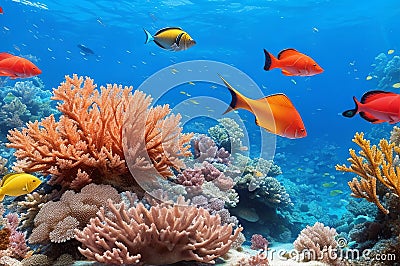 Vibrant Fish Among Colorful Corals: A Stunning Underwater Scene. Stock Photo