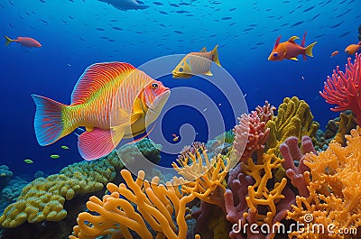 Vibrant Fish Among Colorful Corals: A Stunning Underwater Scene. Stock Photo