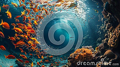 Vibrant fish shoal in coral reef vortex, vivid marine ballet with high detail and colors Stock Photo