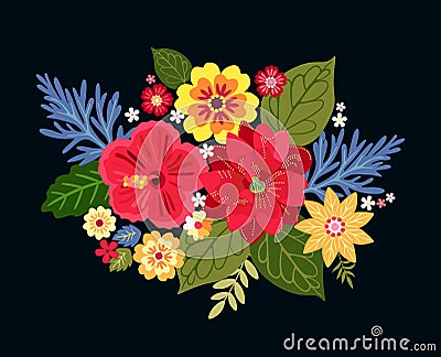 Vibrant floral composition with beautiful exotic flowers. Colorful bouquet on black background. Vector illustration. Vector Illustration