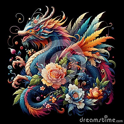 A vibrant floral dragon with vivid colors, in realistic art, stunning, drawing, mythical legendary spirit, fantasy art Stock Photo