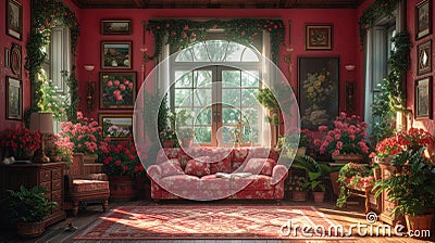 Vibrant Floral Living Room with Natural Light Stock Photo