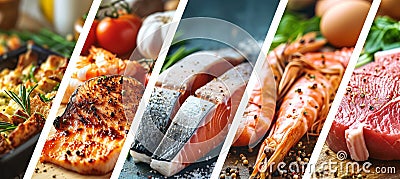 Vibrant food product collage with white lines, illuminated by white light minimum 7 segments Stock Photo