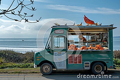 A vibrant food truck parked alongside the road, offering a wide variety of delicious and convenient food options, A food truck Stock Photo