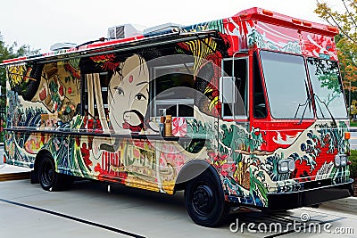 A vibrant food truck parked beside the road, ready to serve delicious meals to hungry customers, Asain-inspired food truck serving Stock Photo