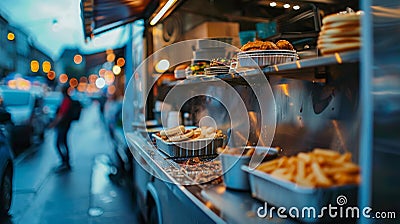 Vibrant food truck at urban festival, close up with selective focus, capturing lively atmosphere. Stock Photo