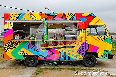 A vibrant food truck with a variety of colors is seen parked in a spacious parking lot, Maximalist design of a food truck with Stock Photo