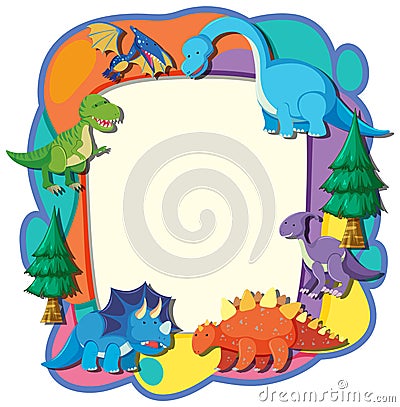 Vibrant frame with playful cartoon dinosaurs and trees Vector Illustration