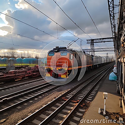 Vibrant freight trains on railway station, goods transported on colorful wagons Stock Photo