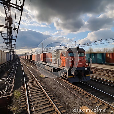 Vibrant freight trains on railway station, goods transported on colorful wagons Stock Photo