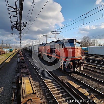 Vibrant freight trains on railway station, goods transported on colorful wagons Stock Photo