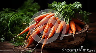 Vibrant and freshly picked carrots in a rustic basket on earthy soil canon 5d mark iv, f5.6 Stock Photo