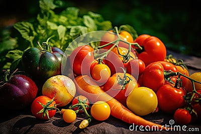 A vibrant, freshly picked vegetables, such as tomatoes, carrots, bell peppers, showcasing their rich colors, textures, and natural Stock Photo