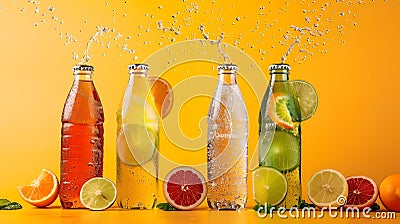 Vibrant Freshness in Bottles, Citrus Splashes, Beverage Concept. Dynamic Liquid Motion, Summer Refreshments, Artistic Stock Photo