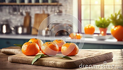 A selection of fresh fruit: mandarines, sitting on a chopping board against blurred kitchen background copy space Stock Photo
