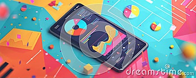 Vibrant front view artwork showcasing mobile device analytics, with a focus on tech theme and data visualization Stock Photo