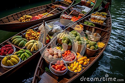 Vibrant Fruit Baskets on Traditional Floating Boats at the Market. AI Stock Photo