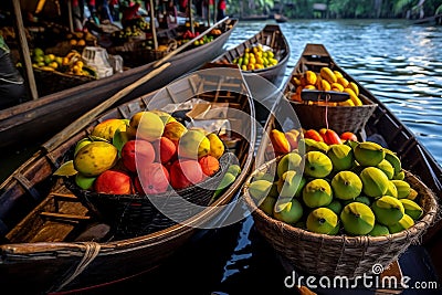 Vibrant Fruit Baskets on Traditional Floating Boats at the Market. AI Stock Photo