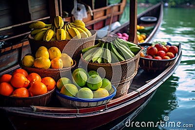 Vibrant Fruit Baskets on Traditional Floating Boats at the Market. AI Stock Photo