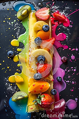 Vibrant Fruit Crepe with Fresh Berries, Kiwi, Bananas, and Colorful Sauce Splashes on Black Background Stock Photo