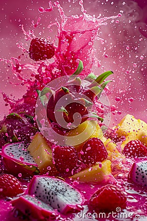 Vibrant Fruit Explosion with Berries and Tropical Fruits in Vivid Pink Liquid Splash, Dynamic Freshness Concept Stock Photo