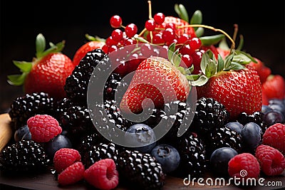 Vibrant fruit fiesta, cherries, blueberries, strawberries, pomegranate, blackberries grace wooden table Stock Photo